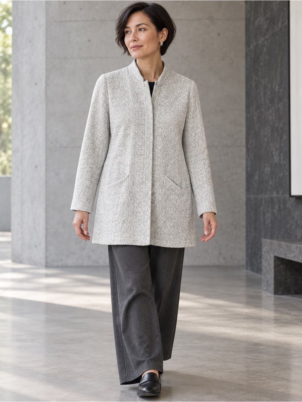 Eileen Fisher Jacket PM Gray Italian Textured Knit Stand Collar Tencel Cotton